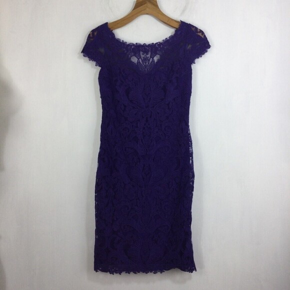 Tadashi Shoji Corded Lace Embroidery Tulle Cap Sleeve V-Back Dress Purple 6 - Picture 10 of 10